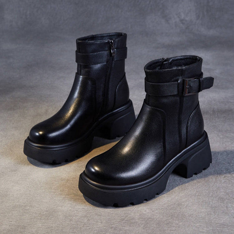 Women's Stylish Genuine Leather Platform Boots – Chunky Heel, Buckle & Side Zip