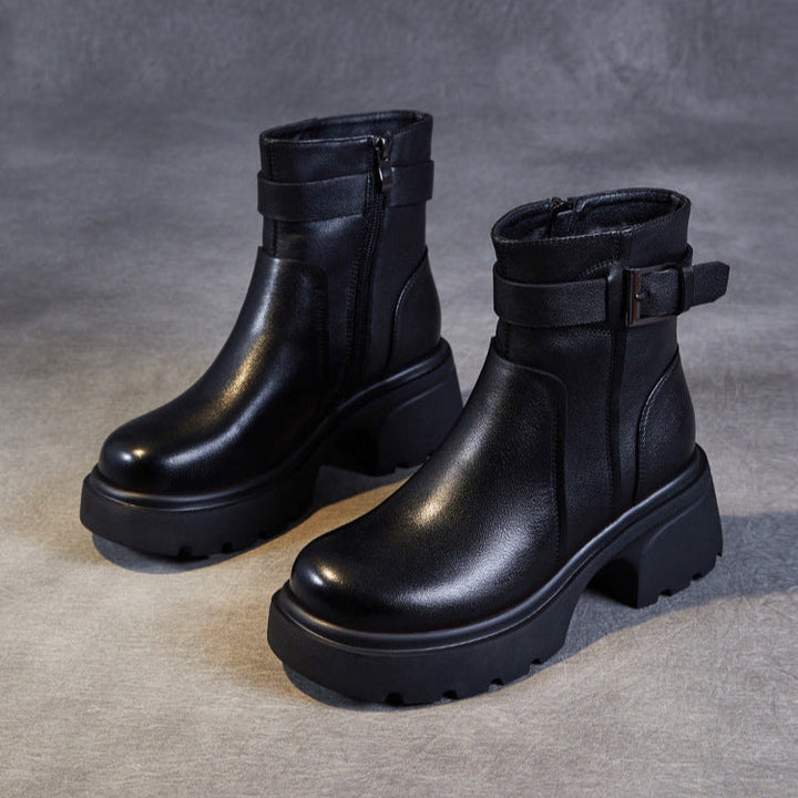 Women's Stylish Genuine Leather Platform Boots – Chunky Heel, Buckle & Side Zip