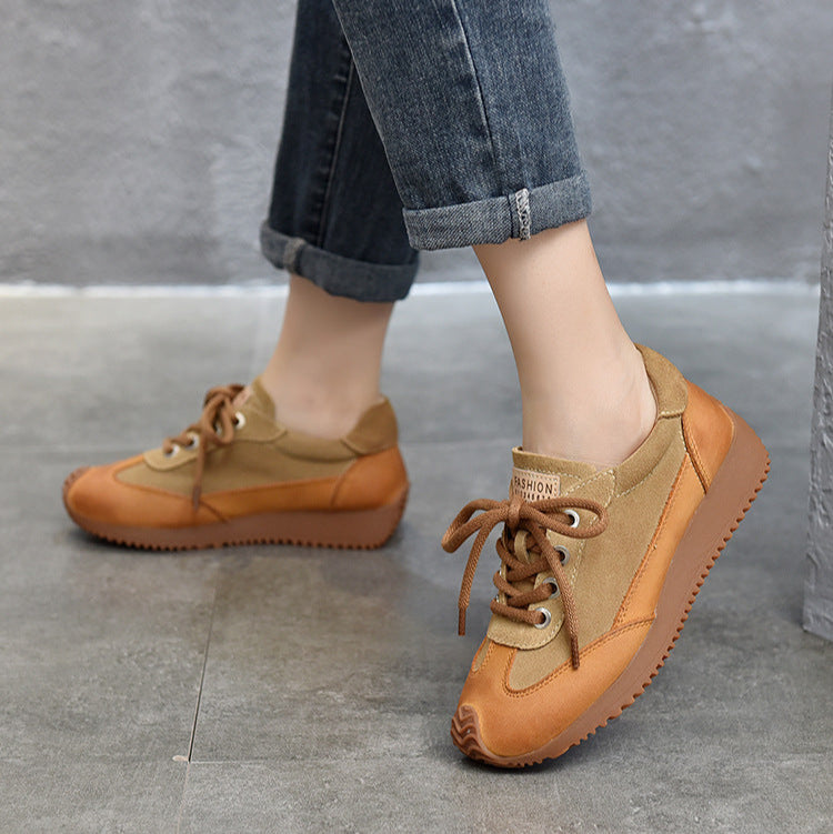 Women's Leather Patchwork Sneakers – Retro Casual Shoes
