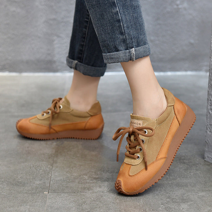 Women's Leather Patchwork Sneakers – Retro Casual Shoes