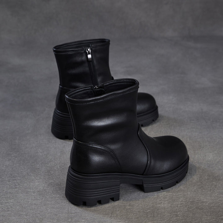 Women's Top-Grain Leather Ankle Boots Chunky Platform Block Heel Side Zipper Booties