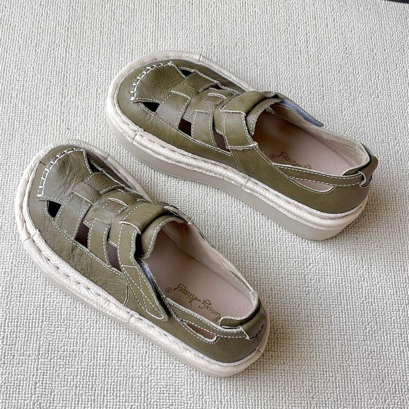 Women's Soft Leather Velcro Closed-Toe Chunky Platform Sandals – Ugly-Cute Style