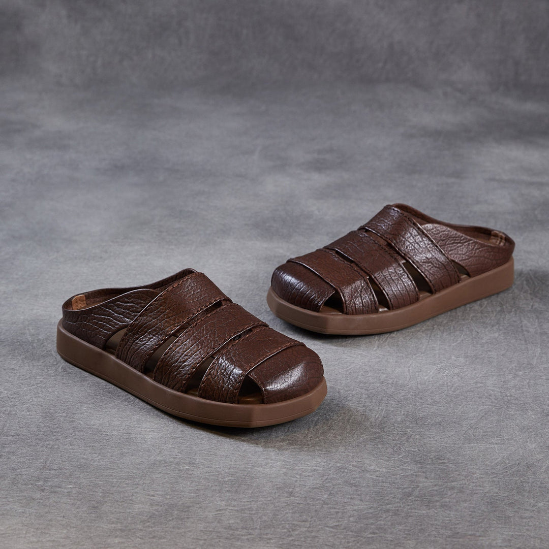 Women's Leather Mules - Multi-Strap Woven Closed Flat Sandals Casual Summer Slip-On Slides