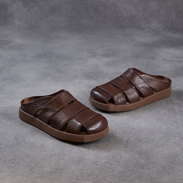 Women's Leather Mules - Multi-Strap Woven Closed Flat Sandals Casual Summer Slip-On Slides