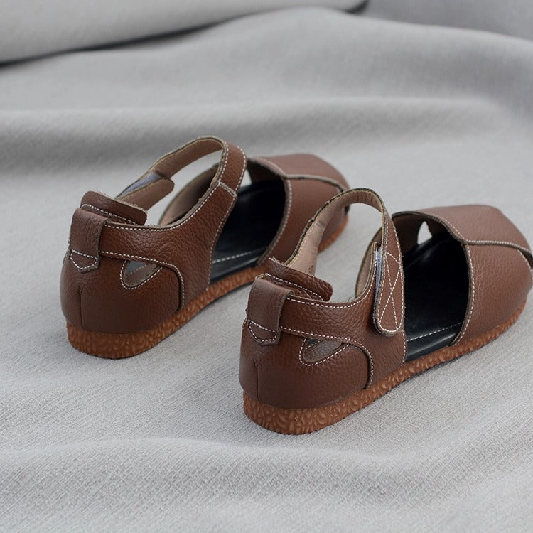 Women's Soft Leather Closed-Toe Velcro Sandals – Comfortable Flat Style