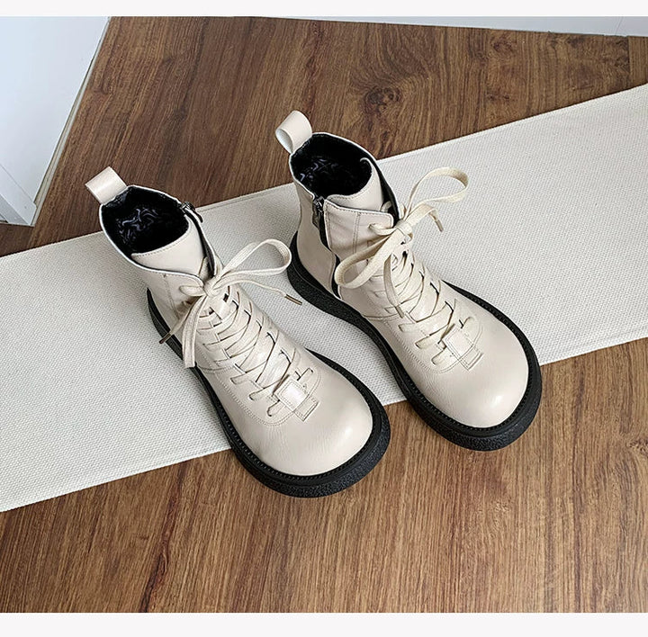 Women's Ankle Boots Lace Up Mid Calf Combat Booties Platform Low Heel