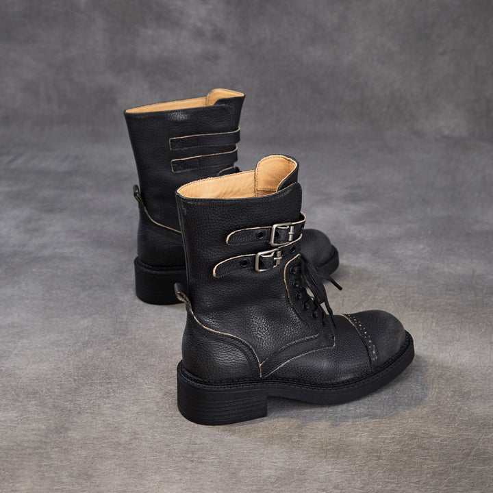 Women‘s Retro Cowhide Mid-Calf Boots Vintage Round Toe Buckle Lace-up Combat Boots