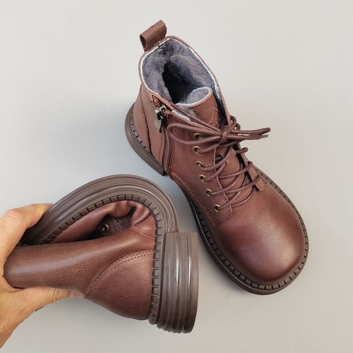 Women's Vintage Wide Toe Leather Shearling Boots – Cozy Winter Ankle Style