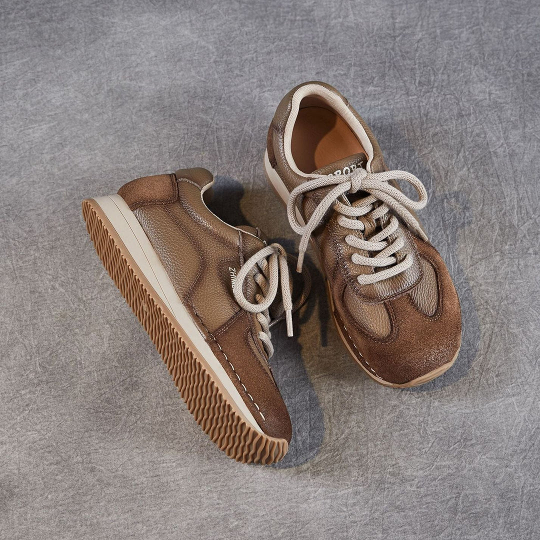 Womens Retro Leather Running Sneakers Vintage Lace-up Low Top Casual Trainers