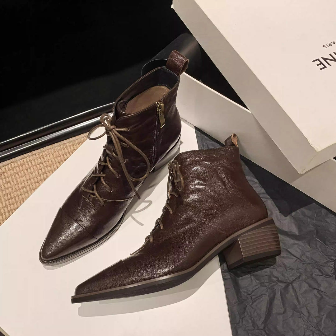 Women's Leather Lace-Up Ankle Boots – Pointed Toe & Block Heel