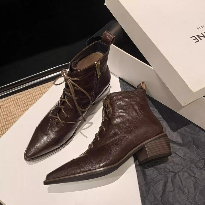 Women's Leather Lace-Up Ankle Boots – Pointed Toe & Block Heel