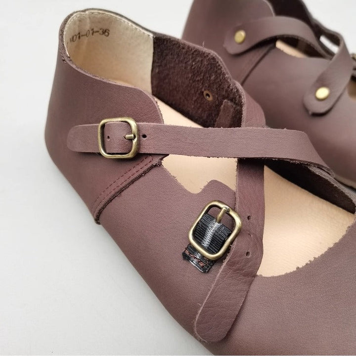 Women's Vintage Handmade Leather Shoes – Cross Strap, Buckle & Soft Sole