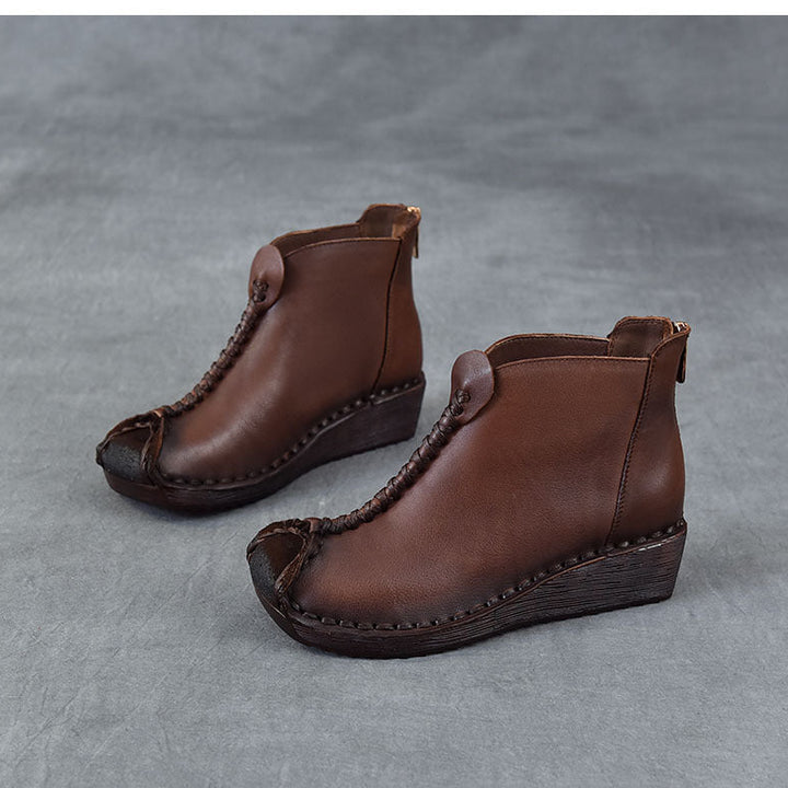Women's Leather Ankle Boots - Vintage Wedge Low Heel Booties, Zipper Round Toe Stitching Fall Winter Shoes