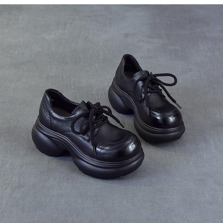 Women's Chunky Platform Oxford Shoes Top-Grain Leather Lace Up Wedge Loafers