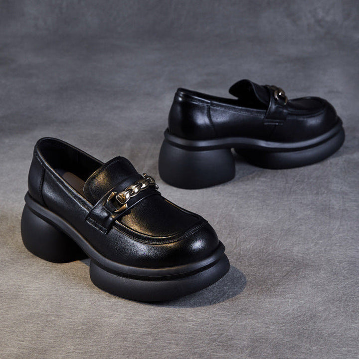Women’s Leather Platform Block Heel Loafers – British Vintage Chain Detail