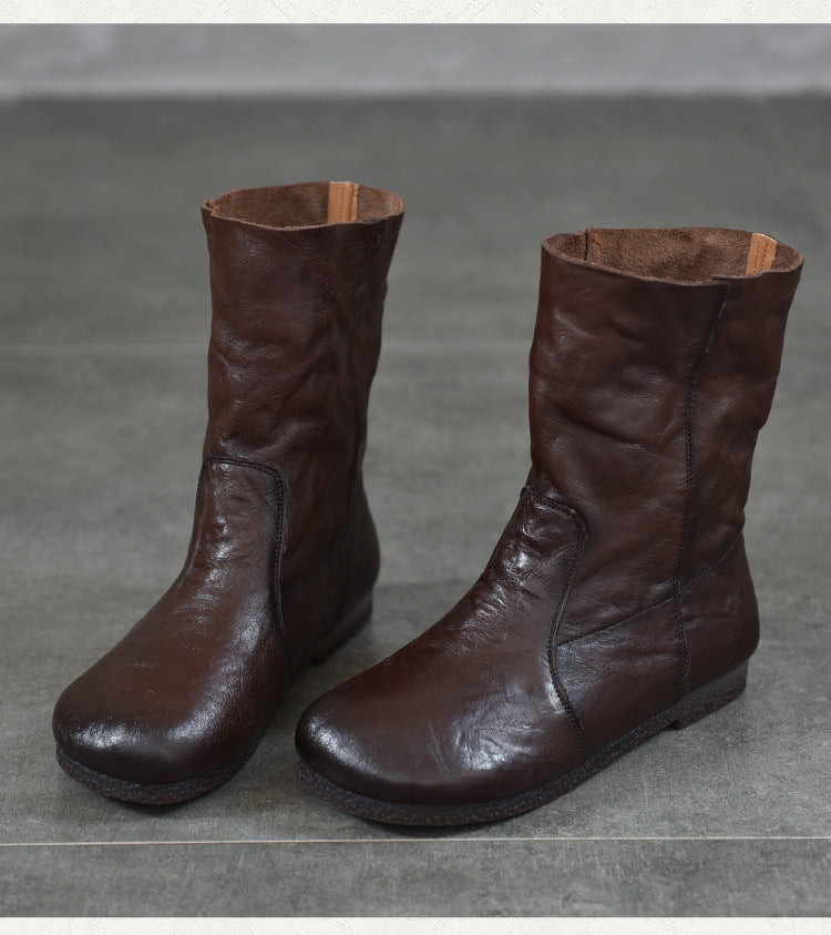 Women's Leather Round-Toe Calf Boots – Casual Comfortable Shoes