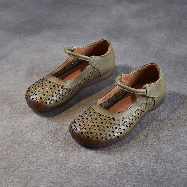 Women's Leather Mary Jane Sandals - Vintage Perforated Cut-Out Closed Round Toe Flat Shoes with Velcro