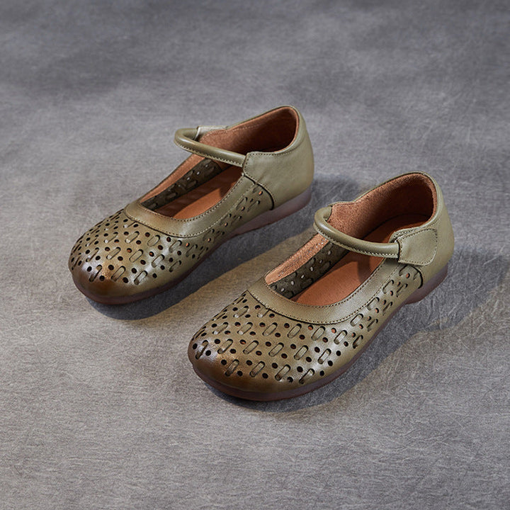 Women's Leather Mary Jane Sandals - Vintage Perforated Cut-Out Closed Round Toe Flat Shoes with Velcro