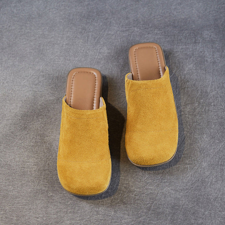 Women's Minimalist Nubuck Mules - Round-Toe Flat with Slip-On Ease