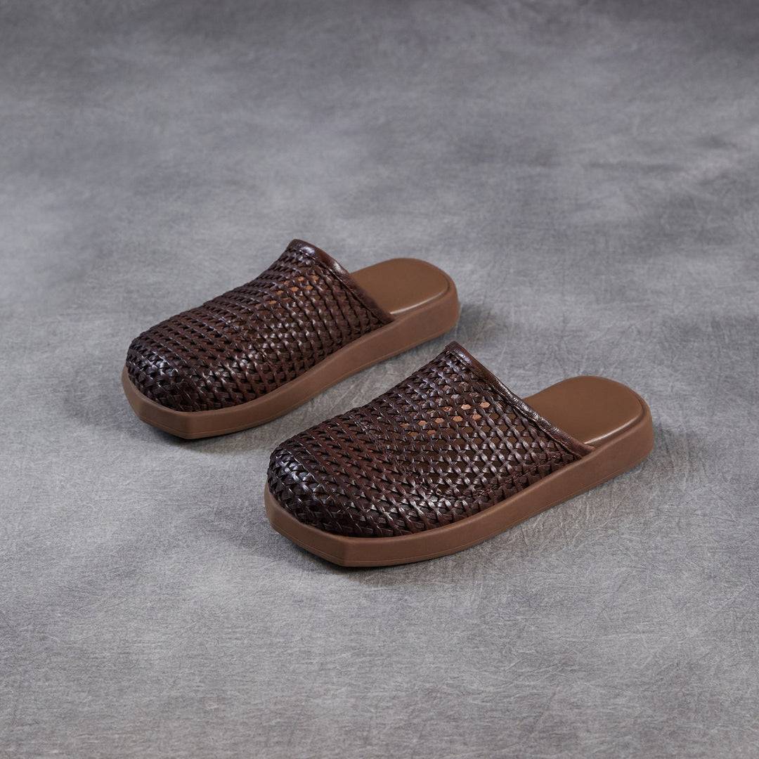 Women's Square Toe Woven Mules Genuine Leather Platform Slippers Barefoot-Friendly