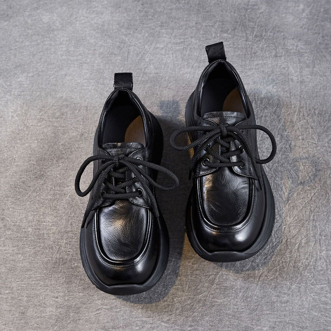 Women’s Leather Lace-Up Platform Wedge Shoes – Retro Non-Slip Casual Style