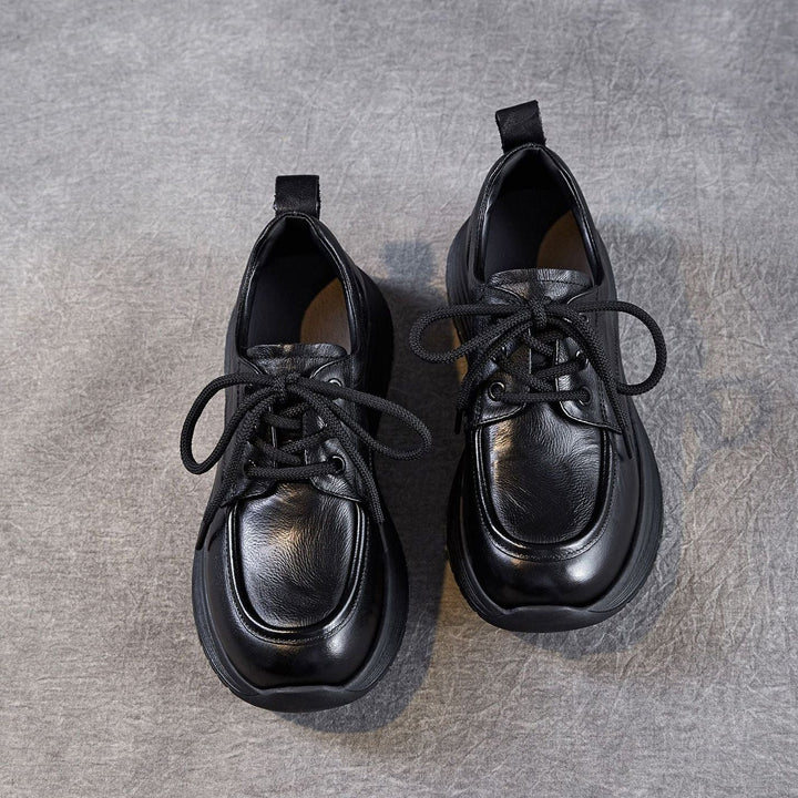 Women’s Leather Lace-Up Platform Wedge Shoes – Retro Non-Slip Casual Style
