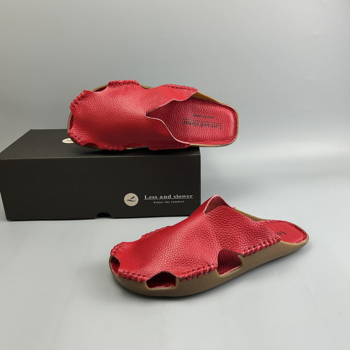 Women's Leather Mules - Soft Hand-Stitched Pebble Grain Flat Sandals Casual Summer Slip-On Slides
