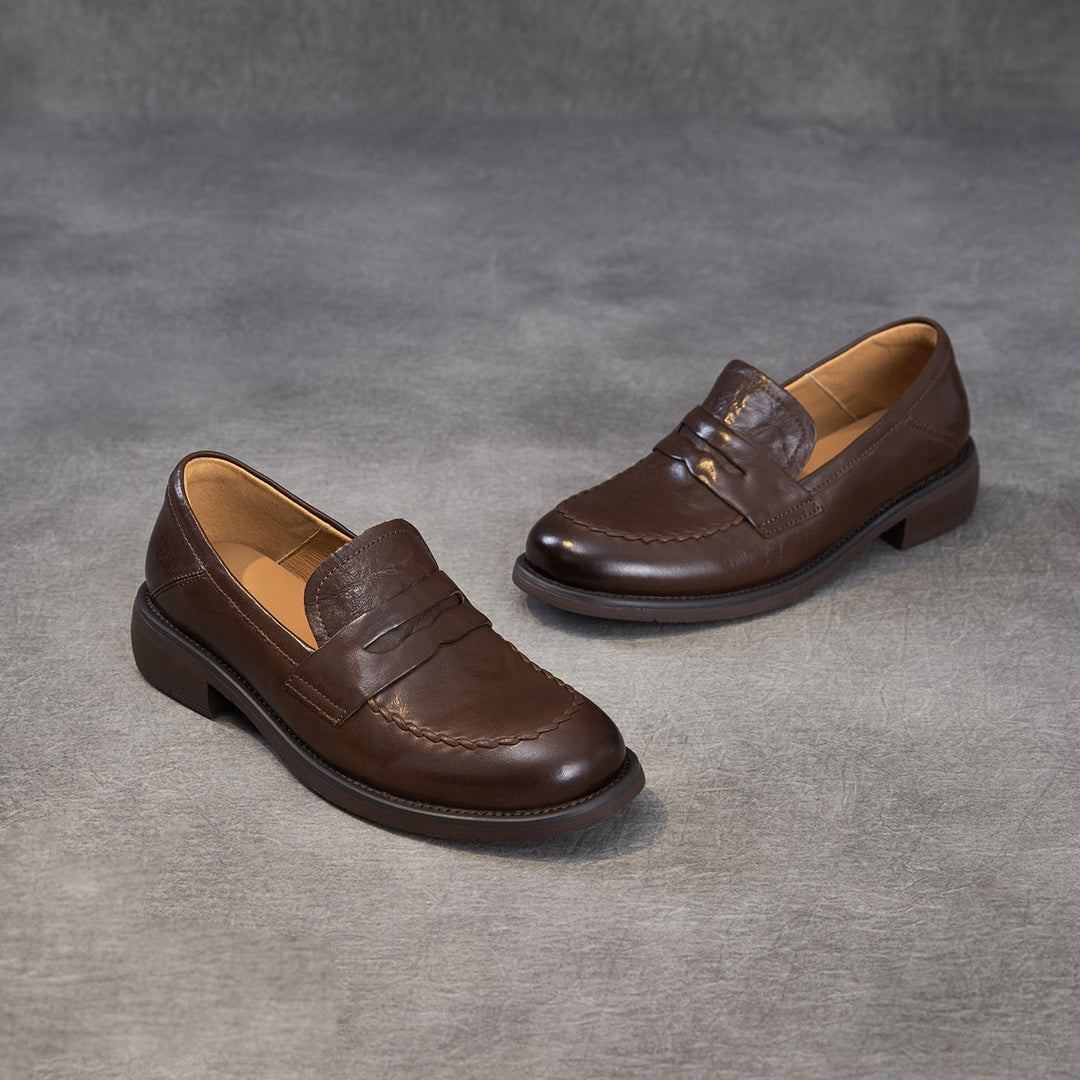 Women's Genuine Leather Penny Loafers Vintage Slip-on Round Toe Low Heel Shoes