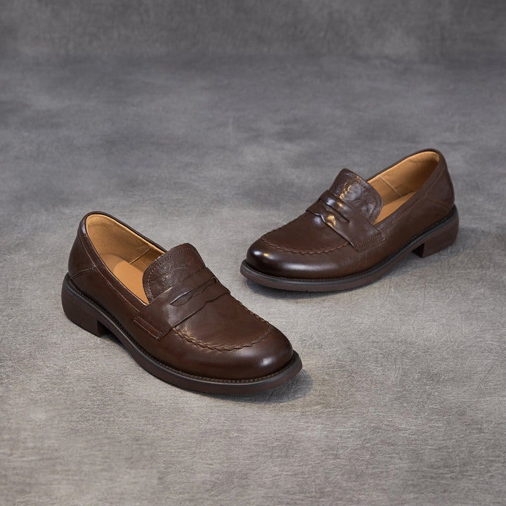 Women's Genuine Leather Penny Loafers Vintage Slip-on Round Toe Low Heel Shoes