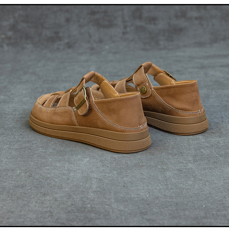 Leather Fisherman Sandals - Women's Retro Round Toe Platform Summer Flats