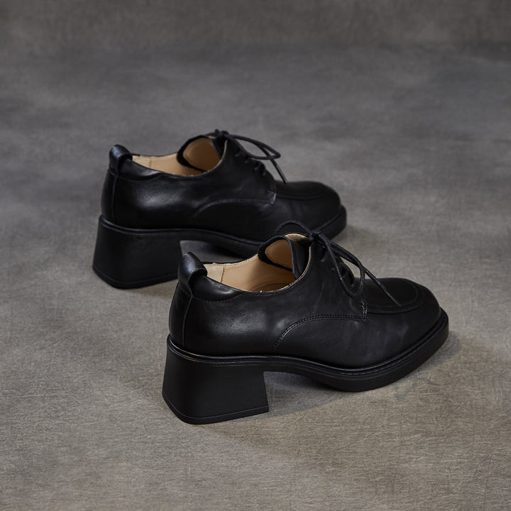 Women's Top-Grain Leather Oxford Shoes Chunky High Heel Lace Up Platform Pumps