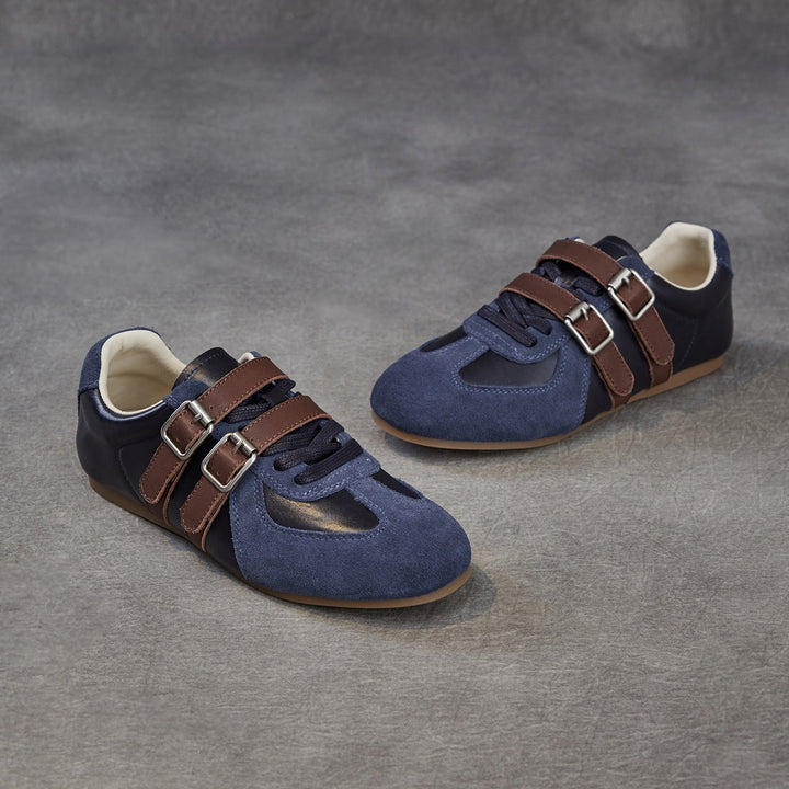 Women's Genuine Leather Double Buckle Strap Sneakers Retro Slip-on Flat Shoes