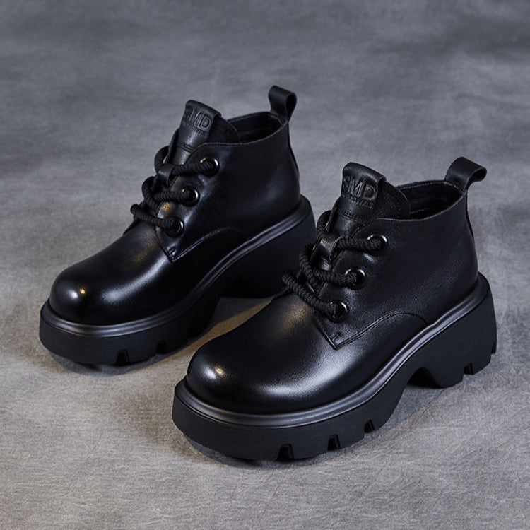 Women's Retro Genuine Leather Platform Lace-Up Chunky Boots