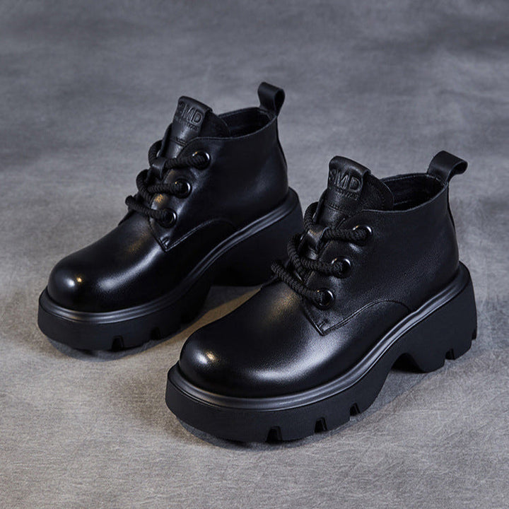 Women's Retro Genuine Leather Platform Lace-Up Chunky Boots