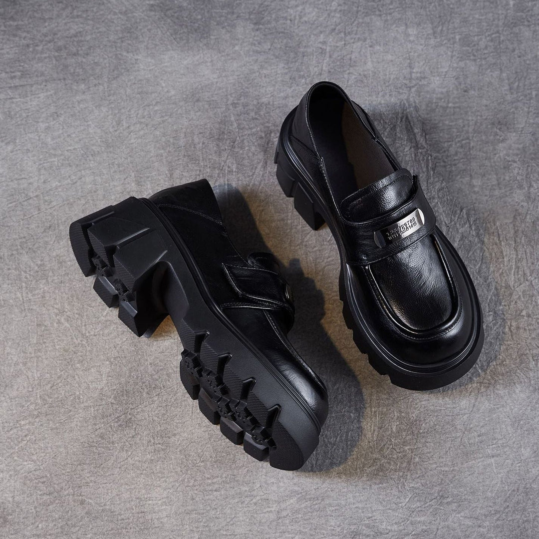 Women’s Leather Platform Block Heel Loafers – Vintage Metal Detail