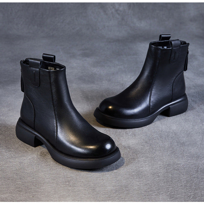 Women's Low Heel Casual Genuine Leather Boots with Back Zipper