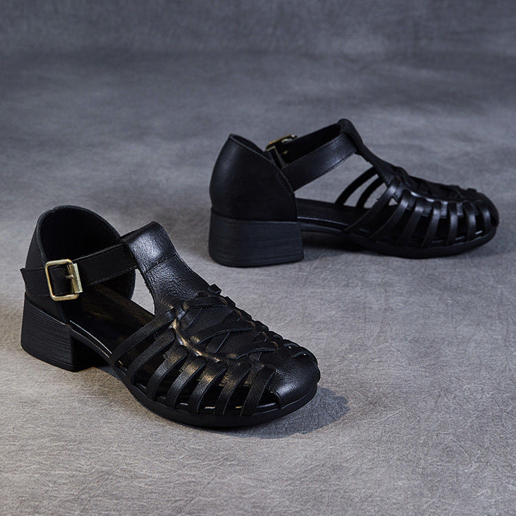 Women's Leather Fisherman Sandals - Vintage Interlocking Woven Closed Mid Block Heel Shoes with Buckle
