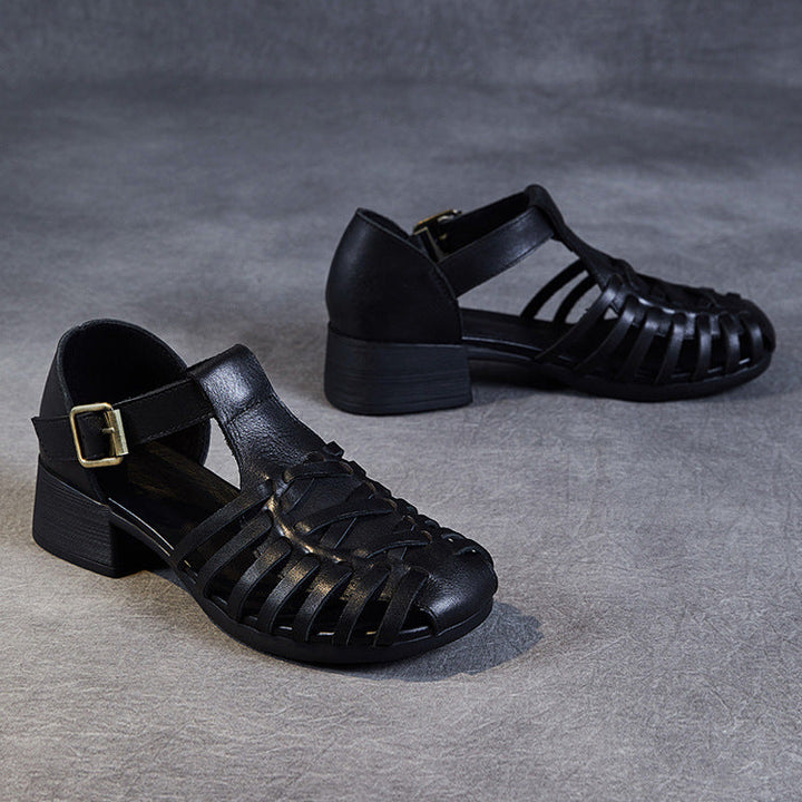 Women's Leather Fisherman Sandals - Vintage Interlocking Woven Closed Mid Block Heel Shoes with Buckle