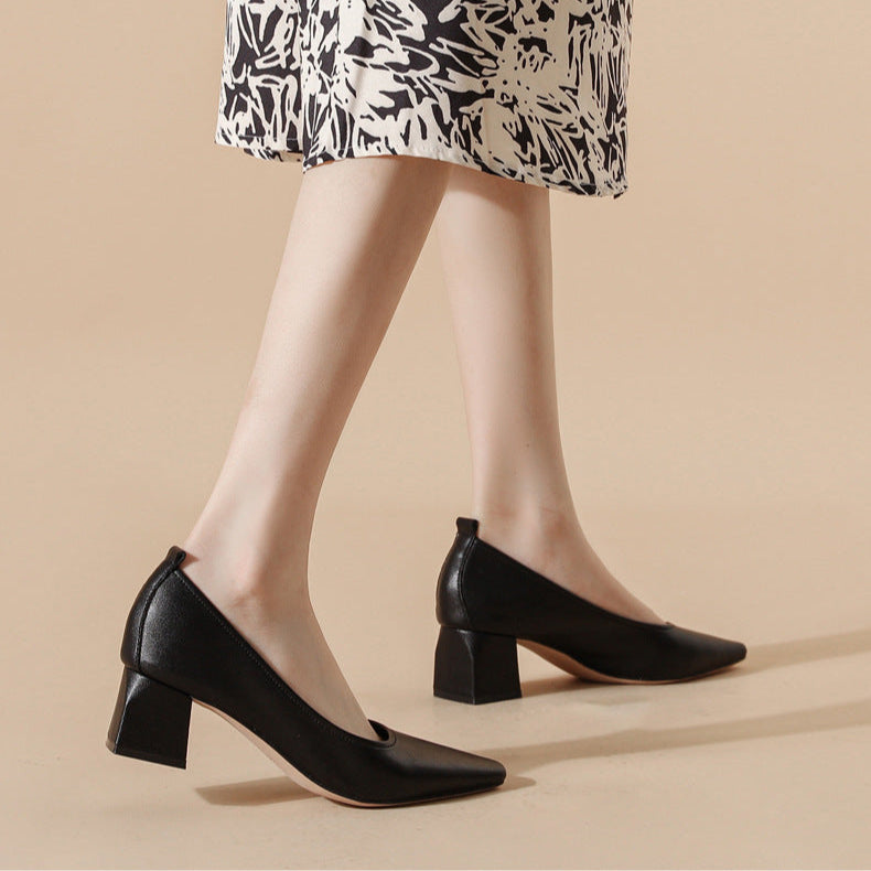 Women's Leather Pointed Toe Minimalist Mid Heel Pump