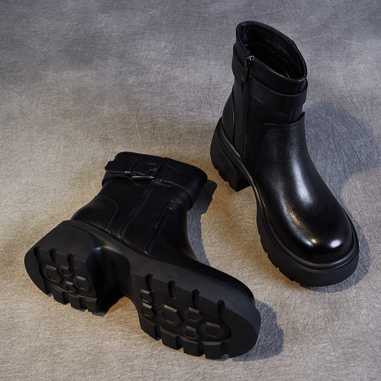 Women's Stylish Genuine Leather Platform Boots – Chunky Heel, Buckle & Side Zip