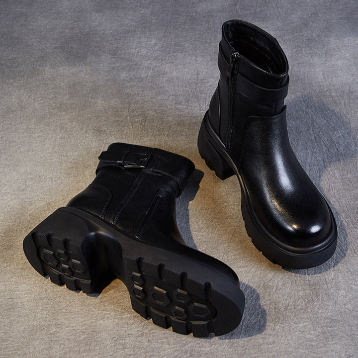 Women's Stylish Genuine Leather Platform Boots – Chunky Heel, Buckle & Side Zip