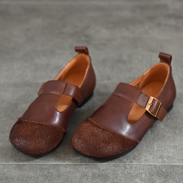Vintage Literary Handmade Leather Round Toe T Buckle Mary Jane Women's Shoes