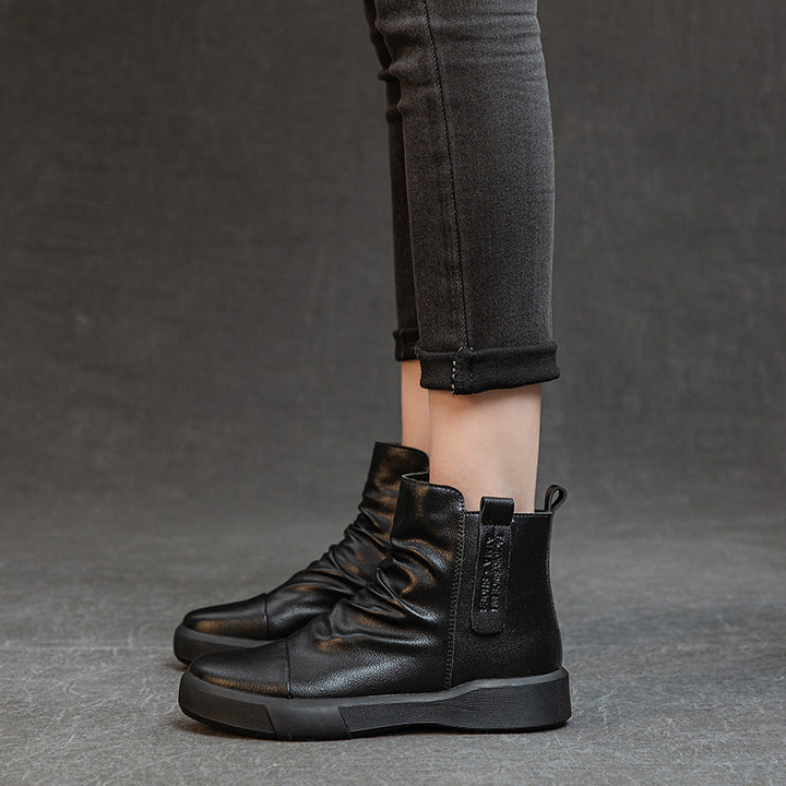 Comfortable Women's Flat Leather Boots – Casual Ruched Ankle Style