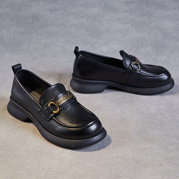 Women's Retro Soft Genuine Leather Loafers – Comfortable Chain Detail