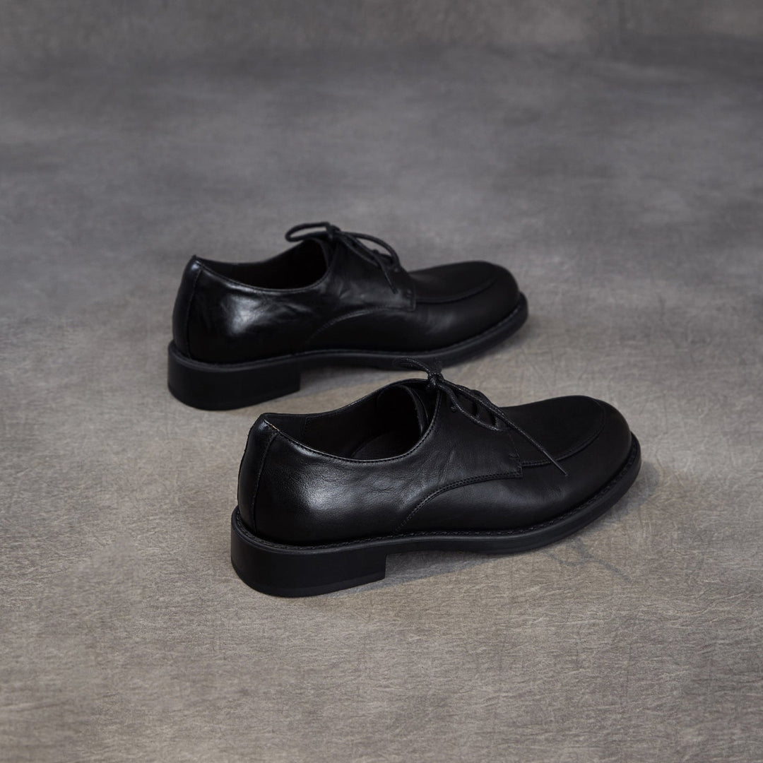 Women's Genuine Leather Oxford Shoes Retro Lace-up Round Toe Low Heel Derby Flats