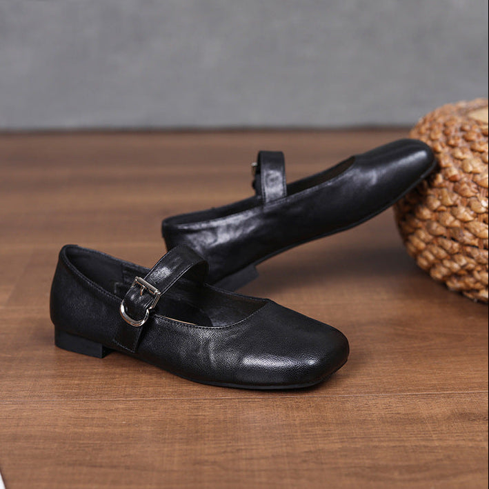 Women‘s Retro Leather Mary Jane Flats Vintage Square Toe Casual Ballet Shoes