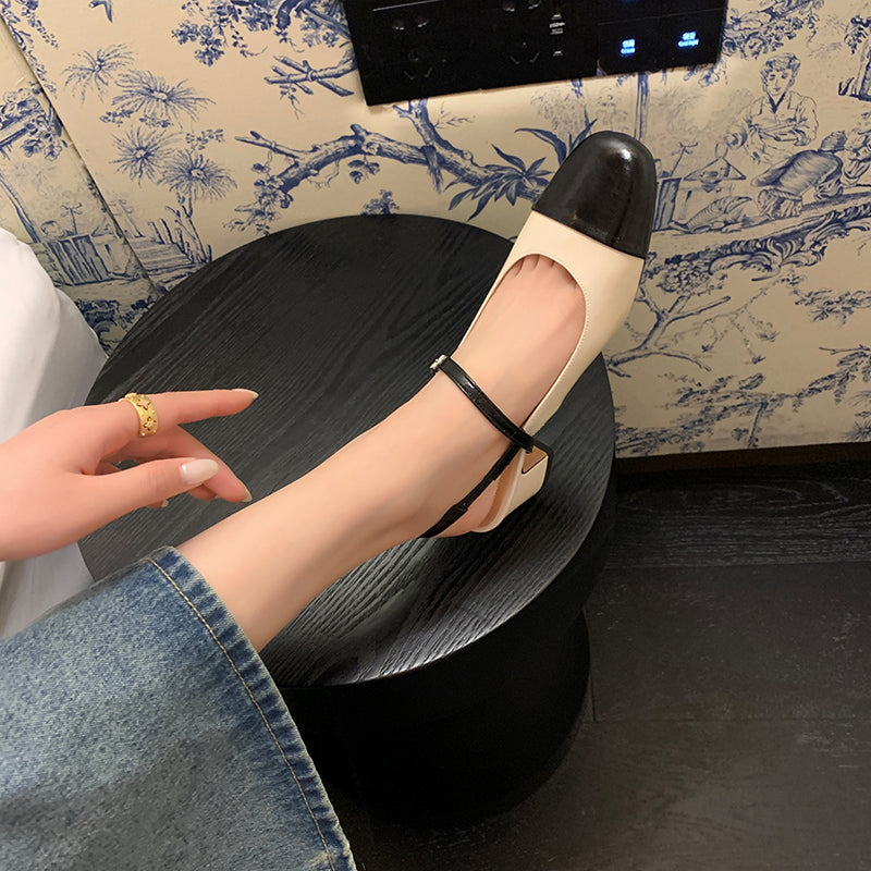 Women's Elegant French Patchwork Slip On Closed Toe Mid Heel Sandals
