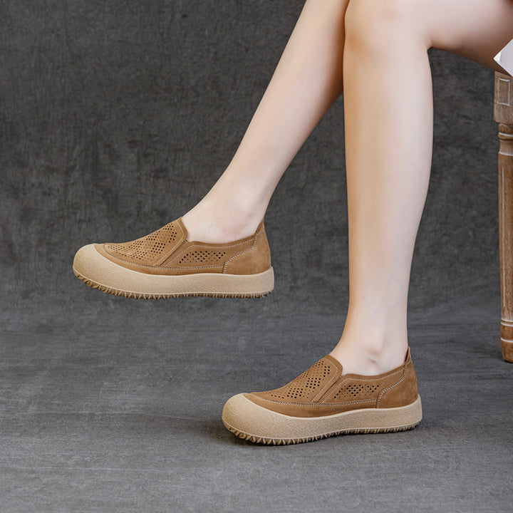 Womens Summer Perforated Leather Slip-on Loafers Breathable Platform Casual Walking Shoes