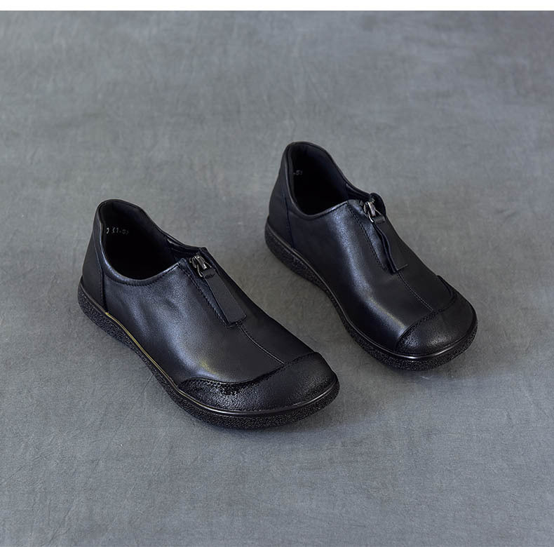 Women's Vintage Leather Slip-On Flats Front Zipper Soft Sole Driving Shoes