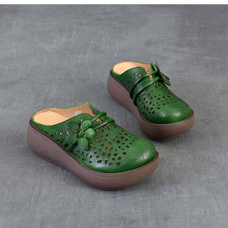 Women's Cowhide Platform Mules - Summer Shoes Breathable Floral Cut-out Sandals
